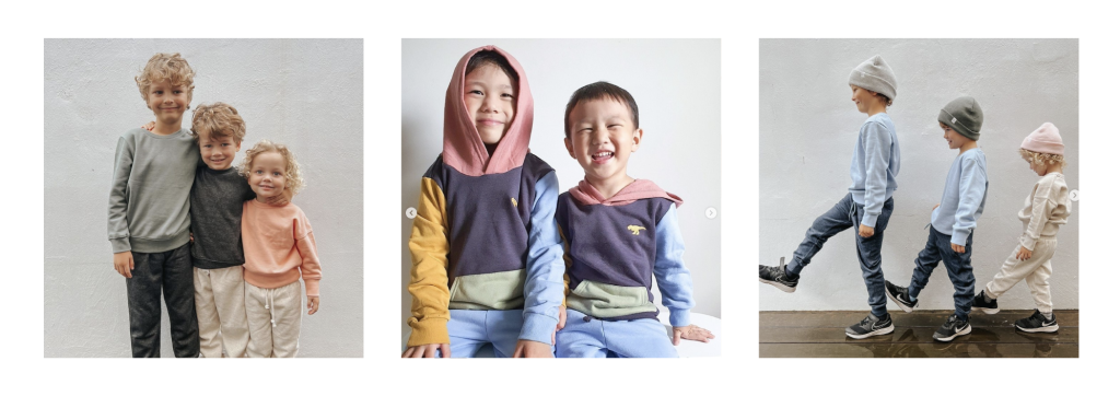 Three square images showing kids and babywear