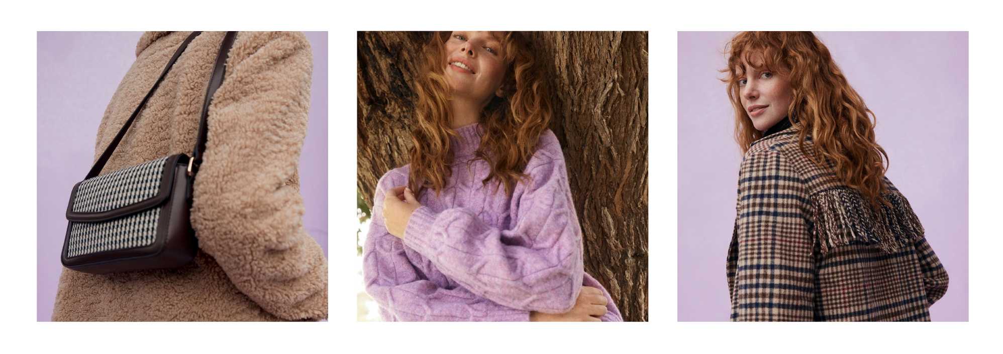 This picture is divided into three squares.  In the left hand square is a blonde woman wearing a pink striped jumper. Mid pic shows a pile of jumpers and right pic shows brunette woman wearing a yellow jumper.
