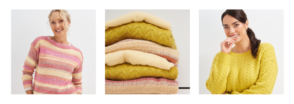 This picture is divided into three squares.  In the left hand square is a blonde woman wearing a pink striped jumper. Mid pic shows a pile of jumpers and right pic shows brunette woman wearing a yellow jumper.