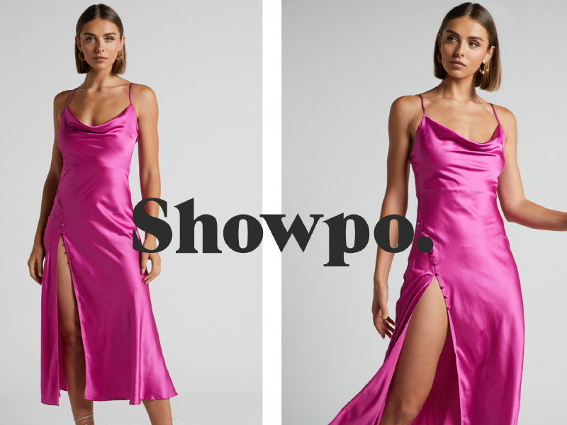Two images of the same fuchsia pink dress with the Showpo logo 