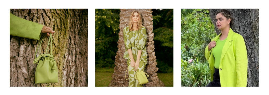 three pictures. On the left, a lime green handbag against a tree.  Middle picture a woman in a two-tone green outfit holding same outfit. On right, another woman with a lime green jacket.
